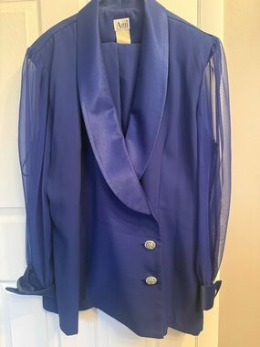 Ami pantsuit Royal Blue Satin Collar Blouse with Sheer Sleeves with pants.